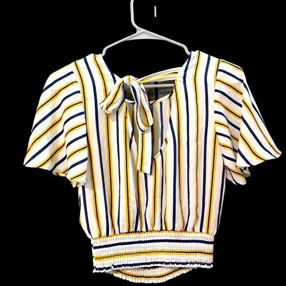 WOMENS FOREVER 21 CROP BLOUSE WHITE GOLD BLUE STRIPES WITH BACK TIE SIZE MEDIUM - Picture 2 of 3
